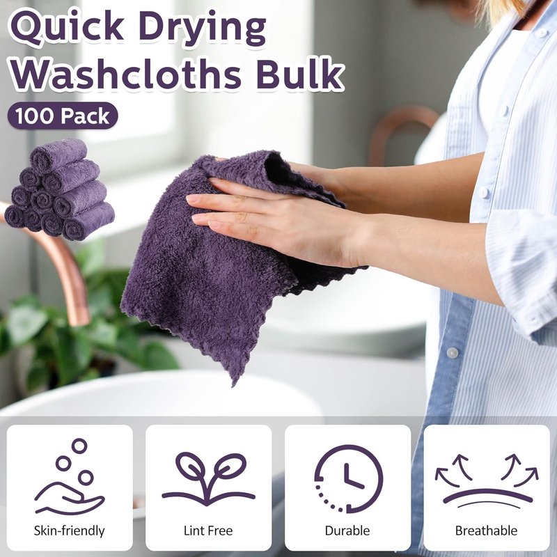 Ultra Soft Microfiber Washcloths - 100 Pack Quick Dry & Absorbent | 12 x 12 Inch Dark Purple for Sensitive Skin