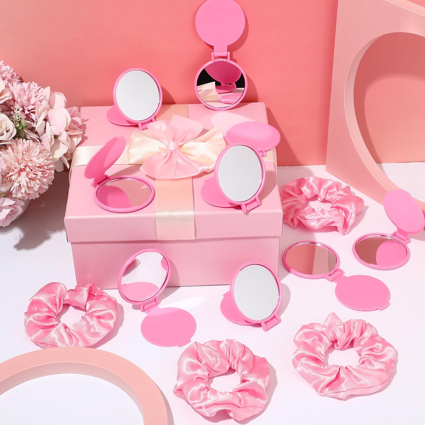 Norme 48 Pcs Mini Pink Compact Folding Mirror and Scrunchies Set for Women 24 Small Travel Round Pocket Makeup Mirror 24 Satin Hair Scrunchie for Graduation Party Favor Coworker Nurse Gift(Pink)
