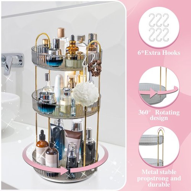 Makeup Organizer for Vanity,Rotating Bathroom Counter Organizer Skincare Makeup Storage Perfume Organizers Cosmetic Dresser Organizer Countertop Organizer with Extra Hooks DIY Stickers for Bathroom