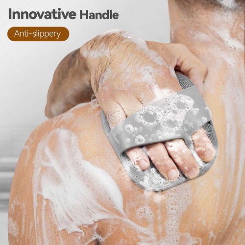 Silicone Body Scrubber for Men, Friendly Shower Body Scrubber for Sensitive Skin, Silicone Loofah Body Scrubber for Showering with Richer Foam Bristles and Anti-Slippery Handle, Gray