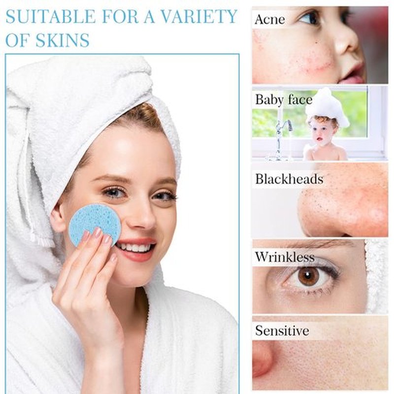 120 Pcs Compressed Facial Sponges Natural Face Exfoliator Disposable Face Sponges for Cleansing Round Soft Facial Scrubber Pads with Storage Container for Makeup Removal Travel (Light Blue)
