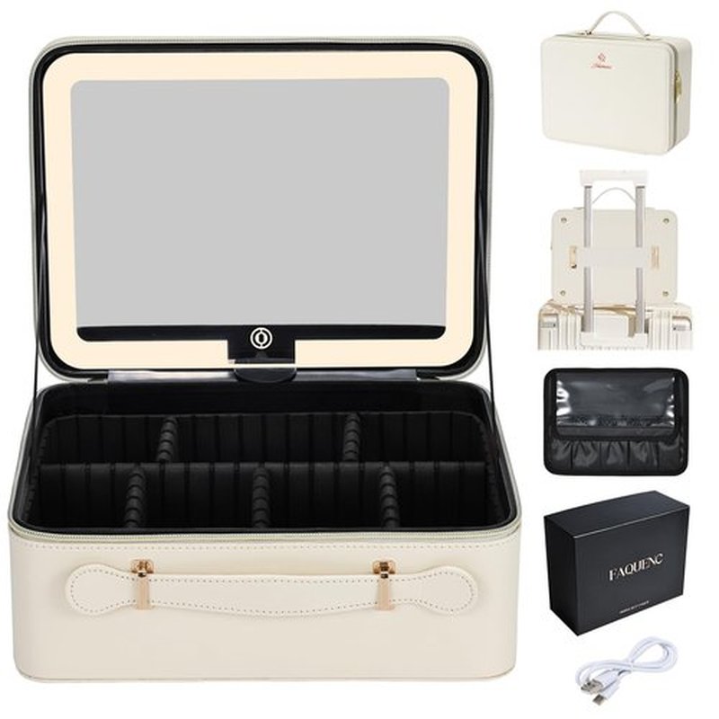 Faquenc Leather Makeup Case with LED Lighted Mirror 11.4 Inch Travel Makeup Bag Adjustable Brightness in 3 Colors Cosmetic Organizer Artist Storage Bag with Dividers Brush Holder Bag Present Box White