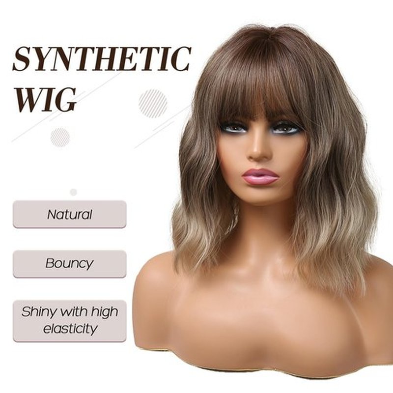 Allbell Brown to Blonde Wigs for Women Short Wavy Bob Wig with Bangs for Women Synthetic Short Curly Wave Wigs Heat Resistant Fiber Hair Wigs for Daily