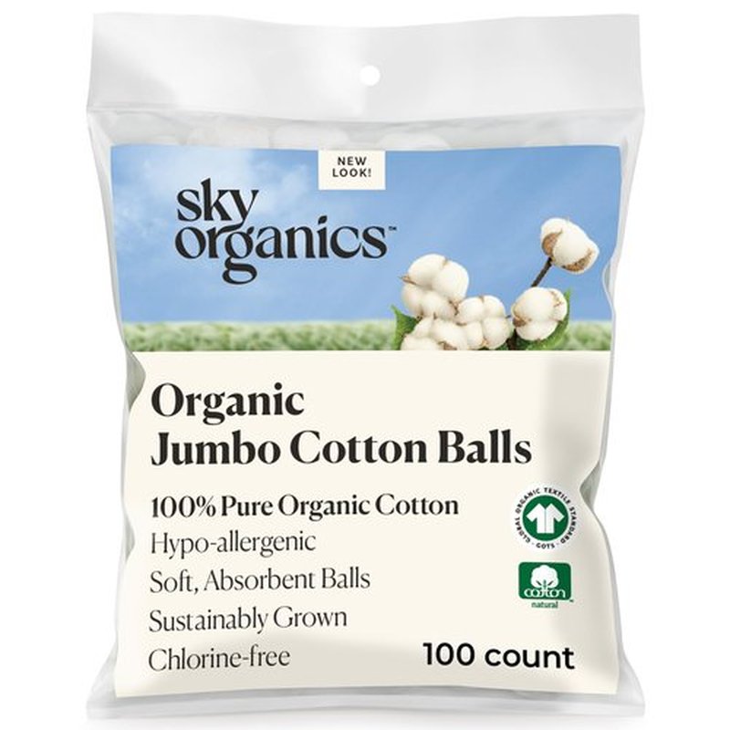 Sky Organics Organic Jumbo Cotton Balls for Sensitive Skin, 100% Pure Organic Cotton Sustainably Grown, Chlorine Free, Hypoallergenic, Ultra-Soft and Absorbent for Beauty & Personal Care, 100 ct