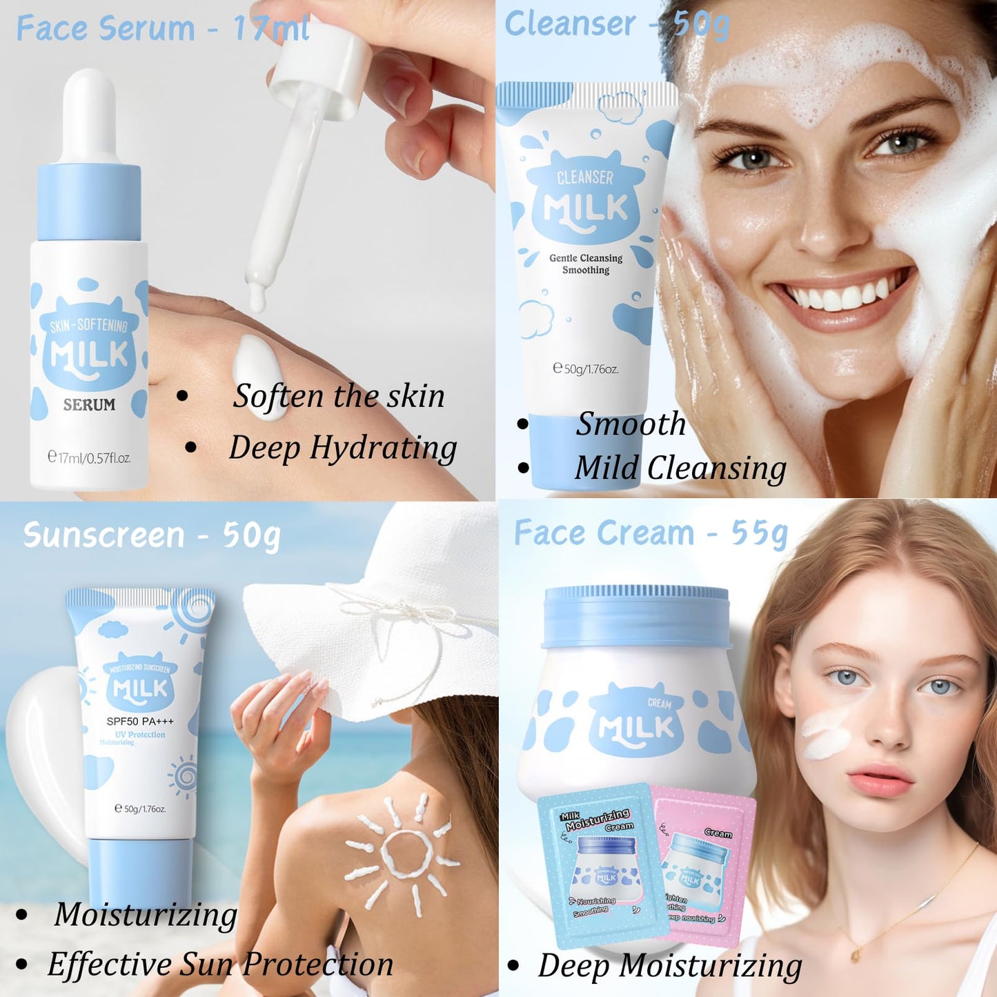 Milk Skin Care Kit Teenage Girls Gifts - 11PCS Skin Care Set Nourishing - Skin Care for Teens 10-12 - Smooth & Hydrating Skincare Gift Set - with Toner,Eye Cream,Serum,Facial Sponges,Headband