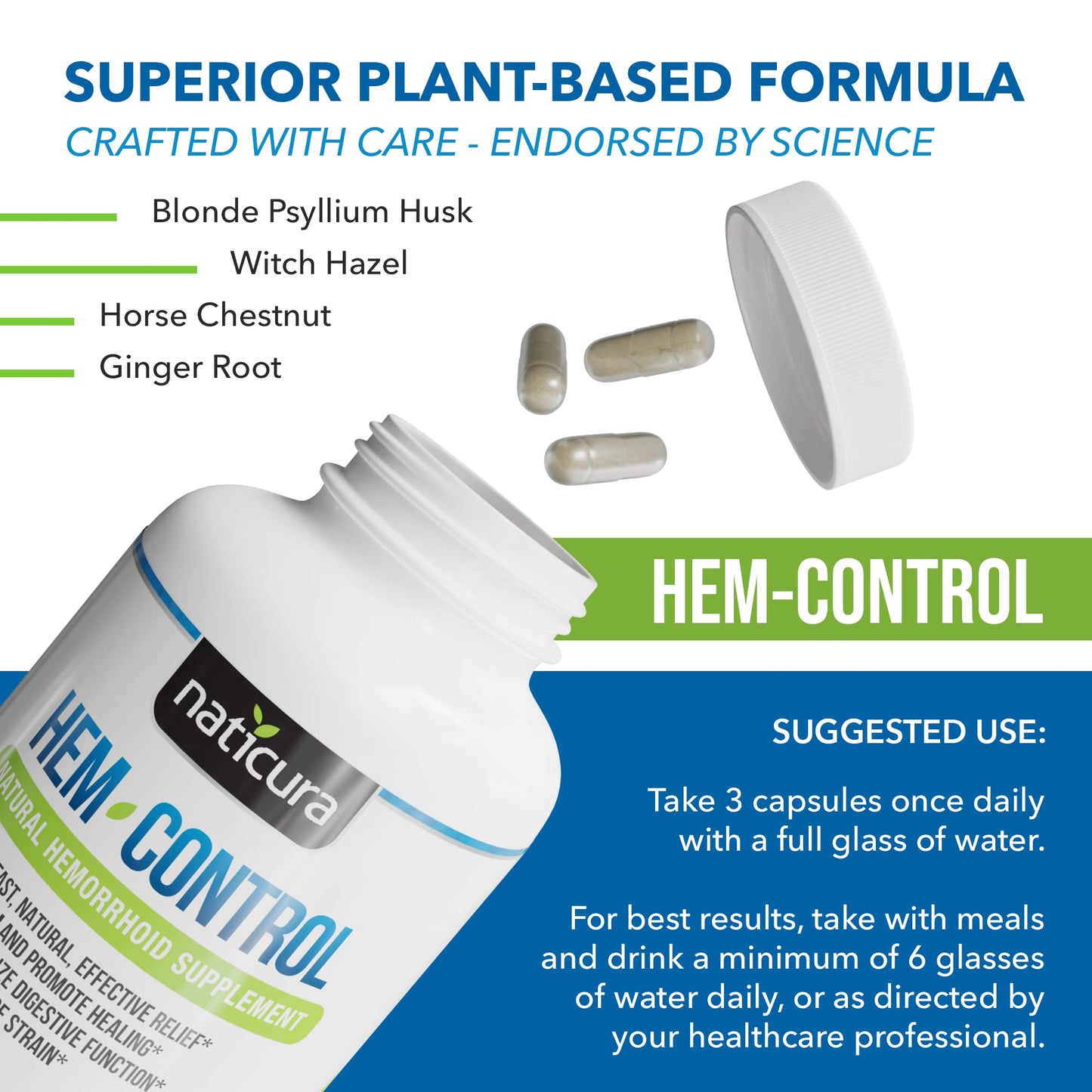 Naticura Hem-Control - Fast Effective Hemorrhoid Treatment Supplement - Powerful Formula to Promote Symptom Relief, Shrinking of Hemorrhoids, Ease Discomfort - 90 Vegan Capsules - Made in USA