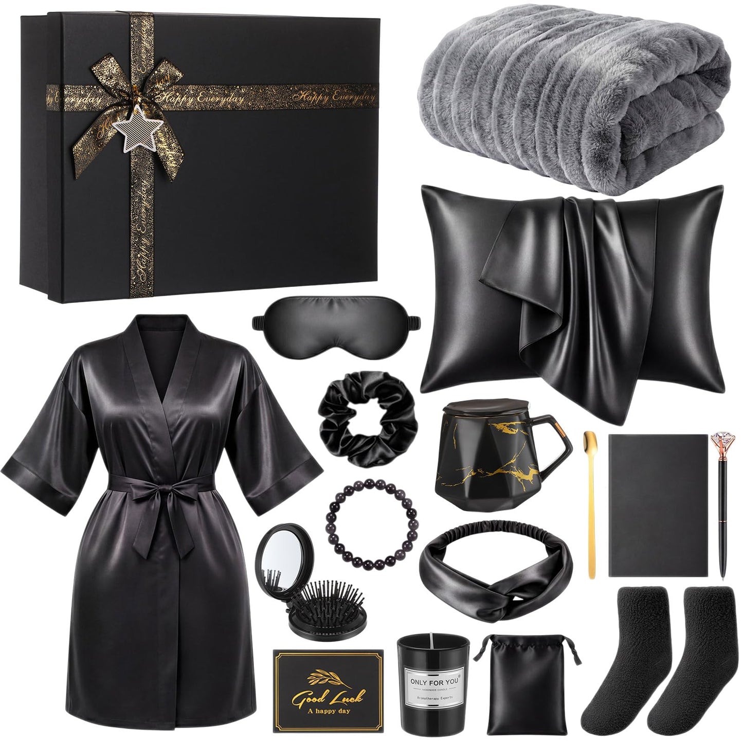 Twistover 16 Pcs Birthday Gifts for Women: Luxury Robe & Blanket Spa Basket, Graduation Gifts for Women -scented Candle, Mug, Notebook, Pillowcase & Self Care Essentials(Black)
