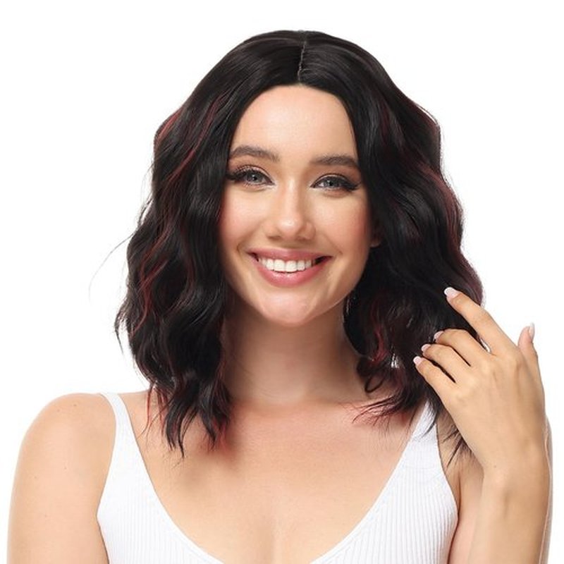 Rose bud Wavy Bob Wig Natural Wig Dark Brown mix Red Synthetic Hair Shoulder Length Short Curly Middle Part Lace Front Wigs for Women