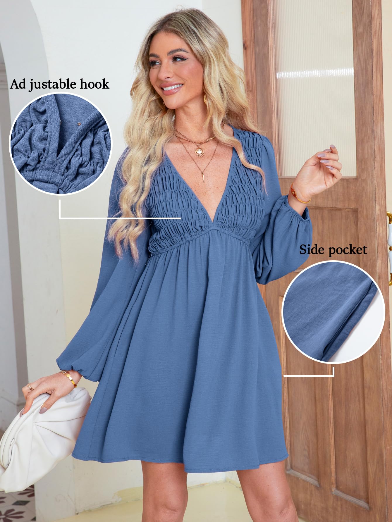 BerryGo Women's Summer Swing Babydoll Dress Smocked Top Flowy Long Sleeve Dress Cute Empire Waist Beach Dresses 2025(Blue,Medium)