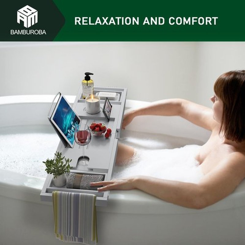 Foldable Bamboo Bathtub Caddy Tray Expandable for Luxury Bath, Bath Accessories & Table with Wine Glass Holder, Book Stand Bathroom Organizer with Extending Sides for Men/Women,Gray