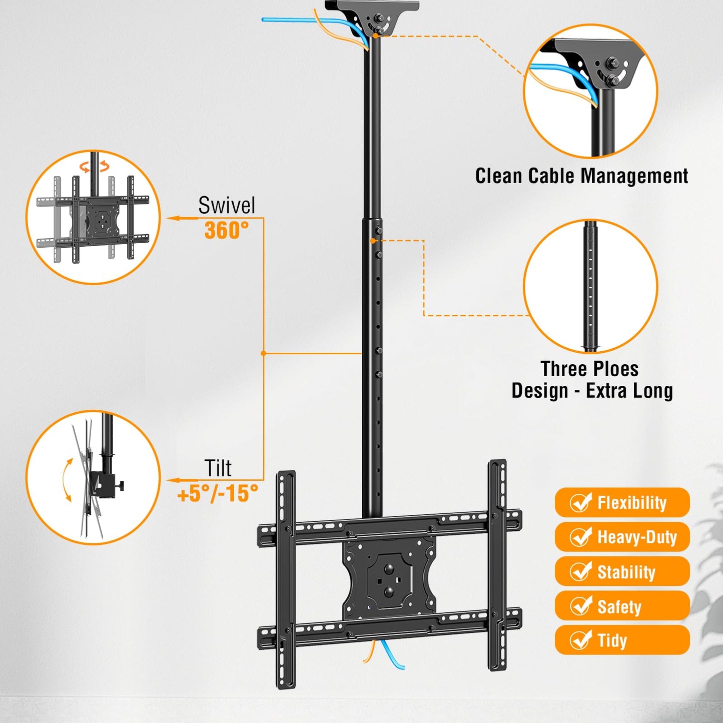 Ceiling TV Mount for 37"-75" TVs Height Adjustable, 360° Swivel Full Motion