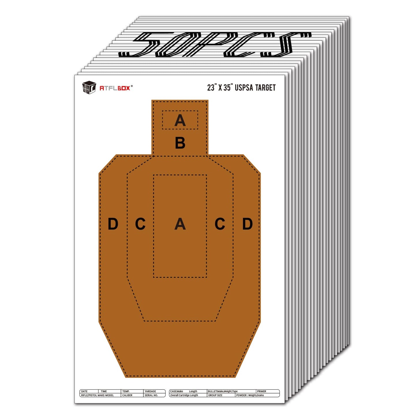 ATFLBOX 23" x 35" IPSC/USPSA Practice Paper Shooting Targets, Competition Torso Target, Paper Silhouette Shooting Target, Suitable for Pistol, Rifle, Handgun, shotgun shooting range training (50 PACK)