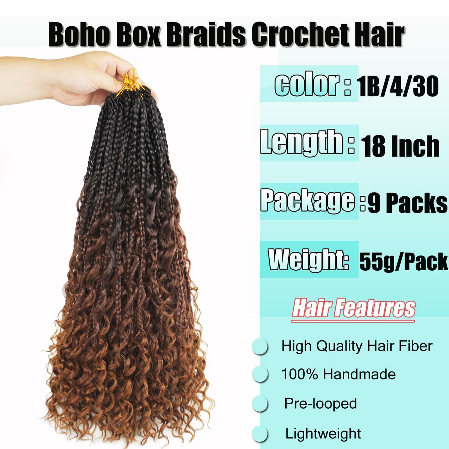 9 Pack Boho Box Braids Crochet Hair - 18 Inch Pre-looped Goddess Box Braids Crochet Hair Bohemian Crochet Boho Crochet Braids With Curly Ends Synthetic Crochet Hair For Women（18 Inch,1B/4/30)