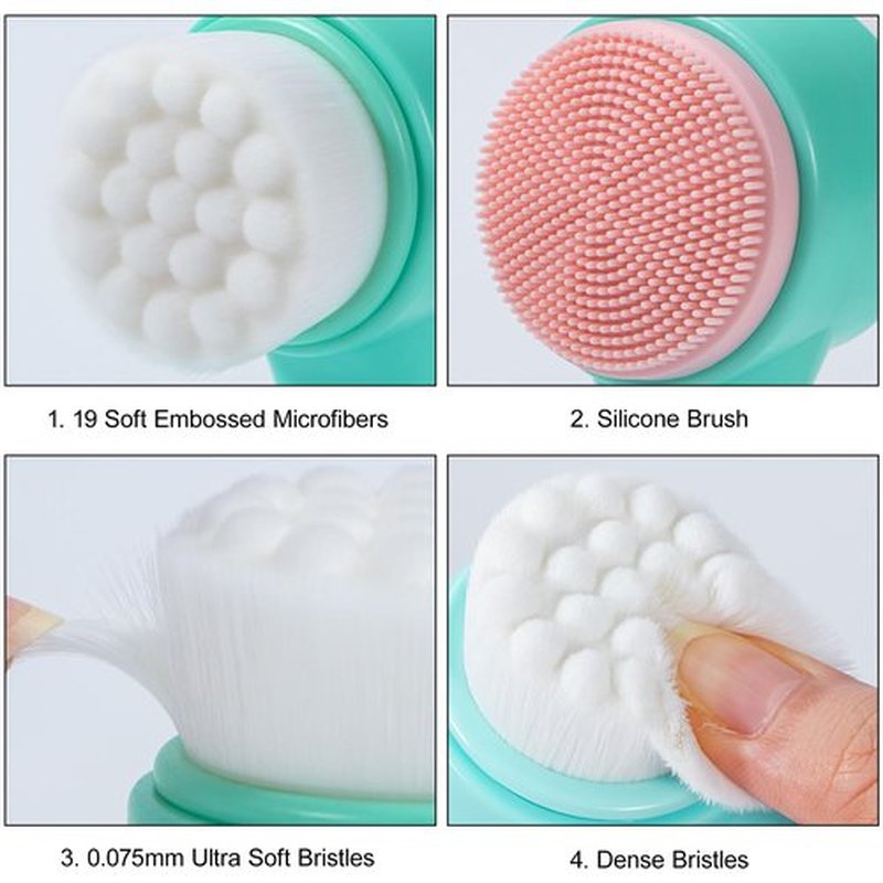 Face Brush 2 in 1, Facial Cleansing Exfoliating Brush with Ultra Fine Soft Bristles for Pore Deep Cleansing Silicone Double Side Face Wash Scrub Brush for Skin Care, Green