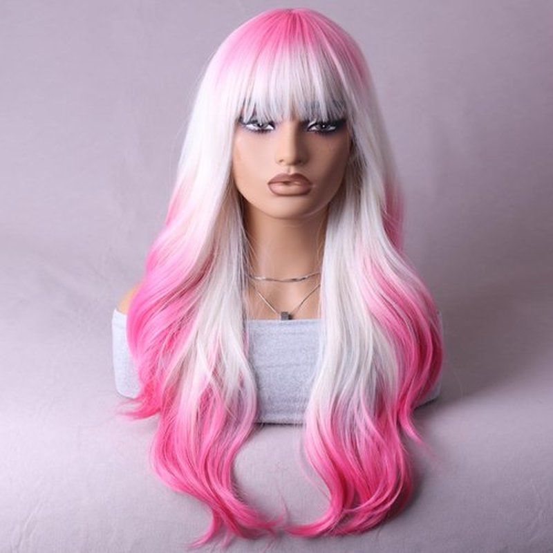 RightOn Hot Pink Wig Long Wavy Wig Ombre Hot Pink Wig with Bangs Pink Wigs with Wig Cap