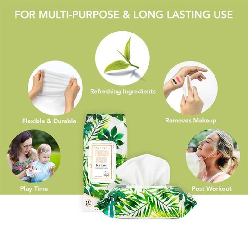 Body Prescriptions Tea Tree Facial Wipes, Moisturizing, Deep Cleansing Face Towelettes, Refreshing + Nourishing, Gentle Cleansing Cloths, 50 Count (Pack of 4), Fresh,Tea Tree