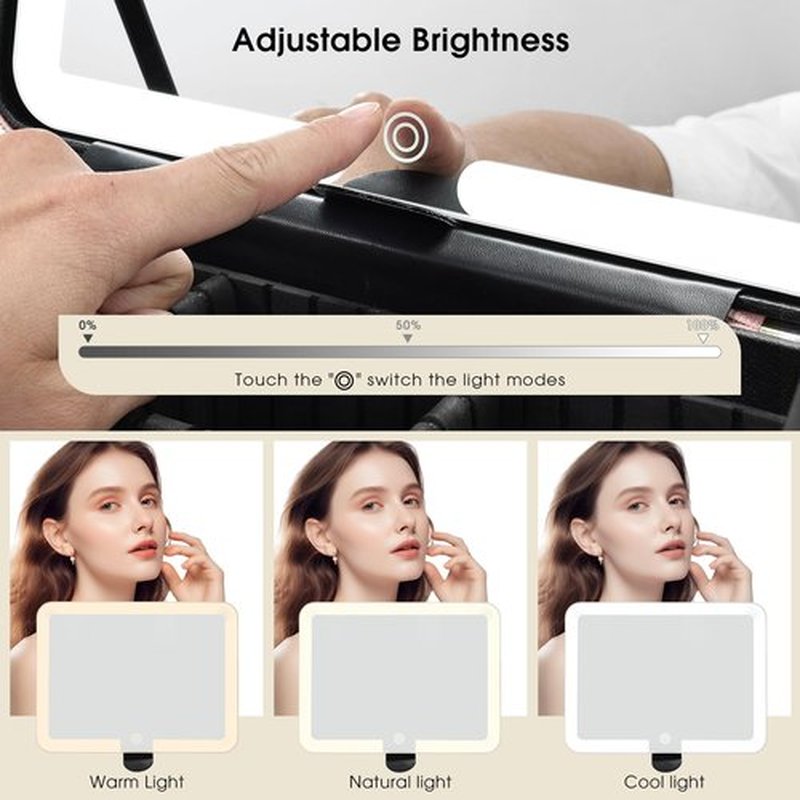 Faquenc Leather Makeup Case with LED Lighted Mirror 11.4 Inch Travel Makeup Bag Adjustable Brightness in 3 Colors Cosmetic Organizer Artist Storage Bag with Dividers Brush Holder Bag Present Box Pink