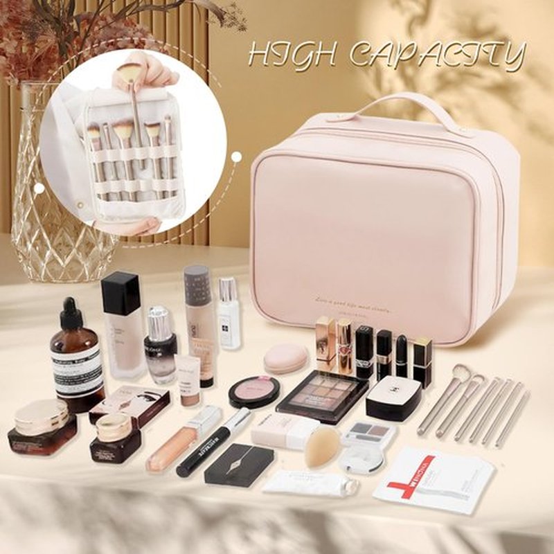 Doblopup Multi Compartment Toiletry Cosmetic Bag, PU Large makeup bag with compartments, Set Patient Multi Compartment Toiletry Cosmetic Bag For Women Girls Travel makeup bag with compartments (Pink)