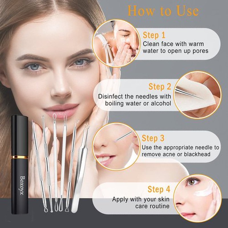 Boxoyx Pimple Popper Tool Kit - 6 Pcs Blackhead Remover Comedone Extractor Tool Kit with Metal Case for Quick and Easy Removal of Pimples, Blackheads, Zit Removing, Forehead, Facial and Nose(Silver)