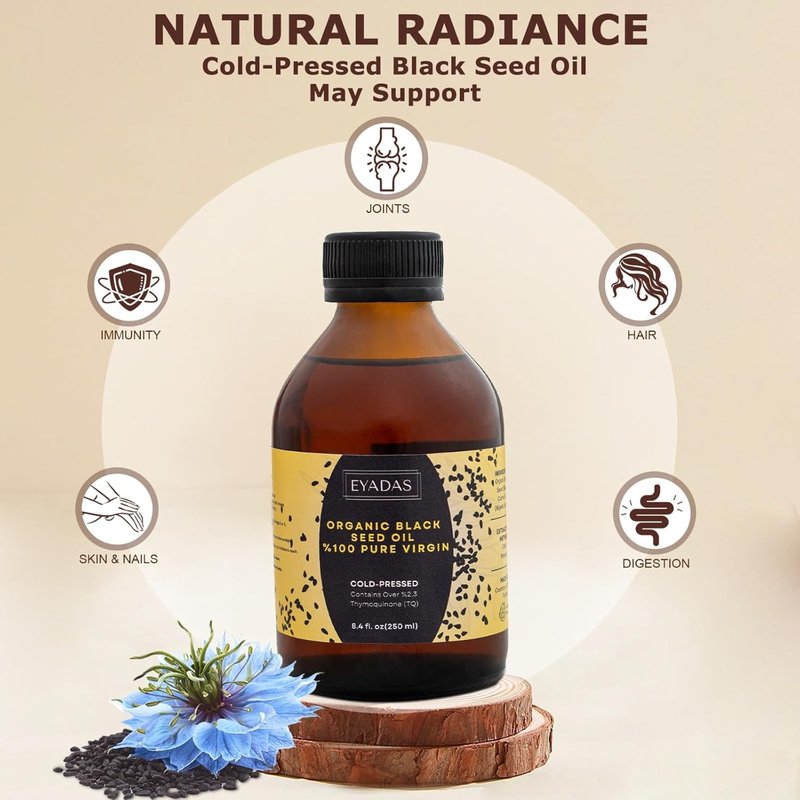Organic Black Seed Oil - 100% Cold-Pressed Nigella Sativa | 8.4 Fl Oz Amber Bottle for Immune, Hair & Skin Health