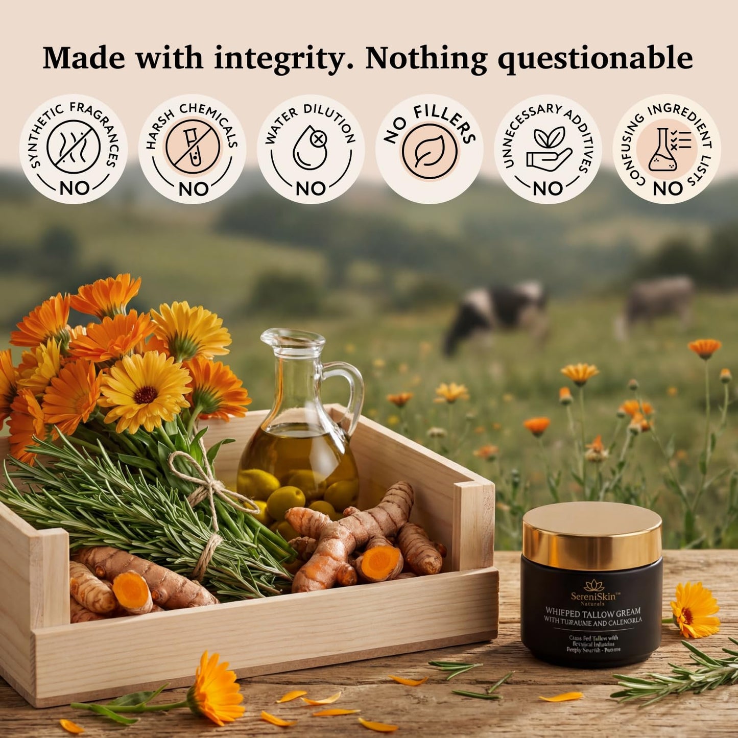 SereniSkin Grass-Fed Beef Tallow for Face & Skin - Deep, Long-Lasting Hydration & Skin Barrier - Whipped Organic Face Moisturizer & Body Cream for Dry, Sensitive Skin - Non-Greasy, Fragrance-Free, 4oz