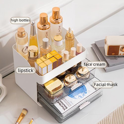 Makeup Organizer for Vanity,Vanity Organizer with 2 Drawers,Makeup&Skincare Organizers Countertop,Cosmetic Display Case,Vanity Storage Box(Pink)
