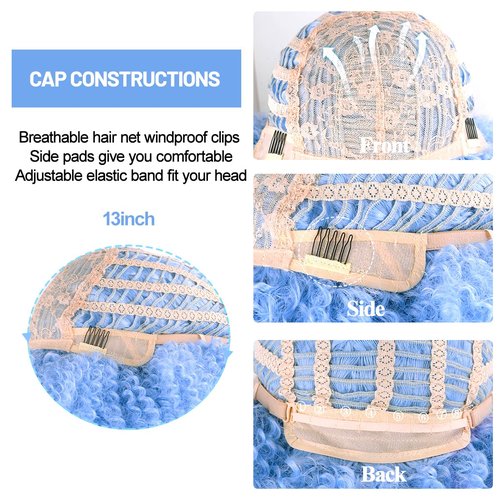 Vitorish Short Kinky Curly Wigs for Black Women 12 Inches about 280g/Piece Curly Afro Wig with Bangs Full Machine Made Blue Afro Wig Bouncy Fluffy Synthetic Cosplay Wig (Light Blue)