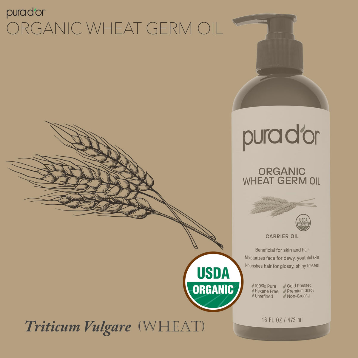 PURA D'OR ORGANIC Wheat Germ Oil (16 Oz x3 = 48 Oz) 100% Pure & Natural USDA Certified Cold Pressed Carrier Oil - Vitamin E Rich, Moisturizing & Nourishing Anti-Aging Properties - Healthy Hair Growth