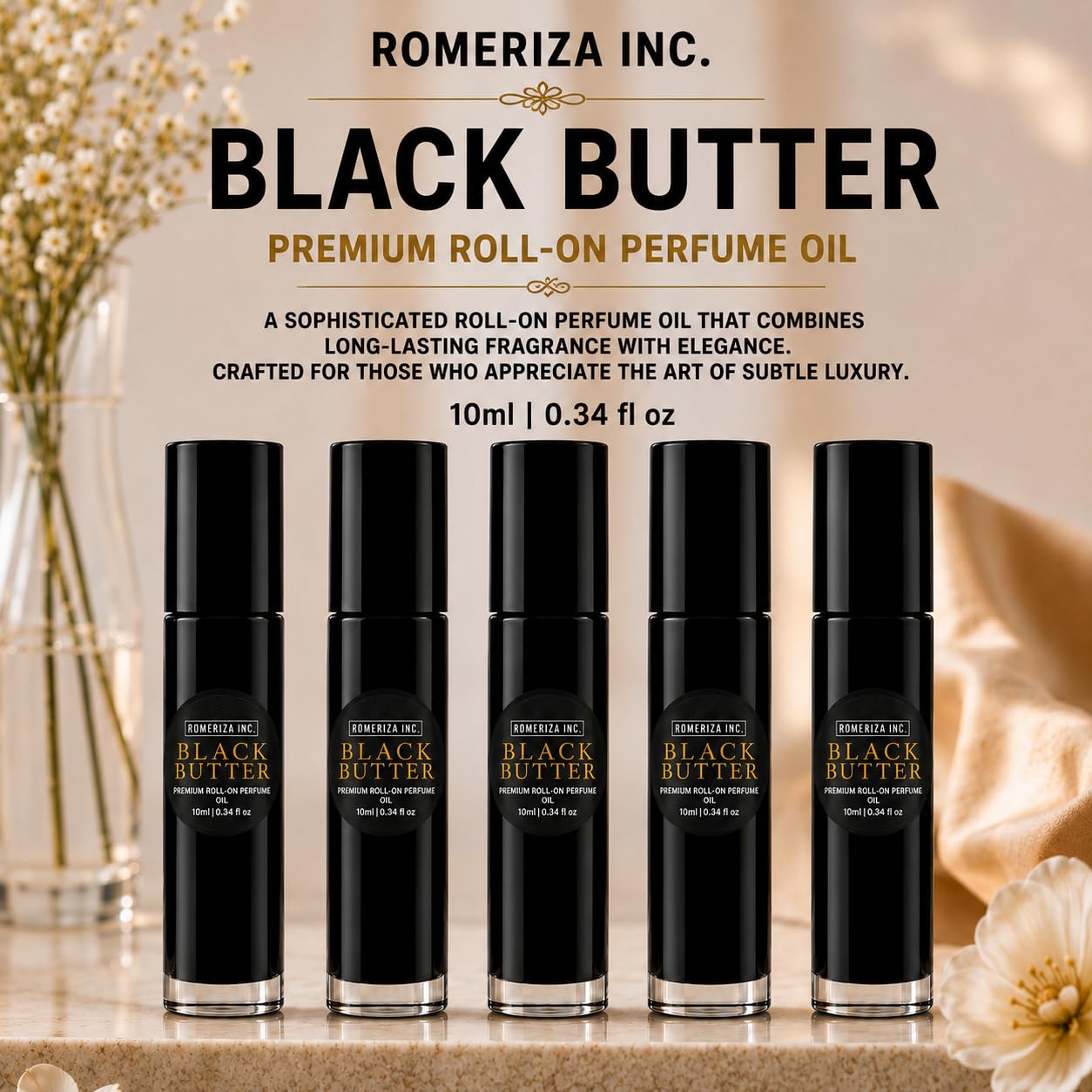 ROMERIZA INC. 10 ml Black Butter Scented Fragrance – Travel Size Perfume Oil, Fragrance For Skin, Unisex Roll-on Perfume Oil, Lasting Natural Scented Body Oil For Men And Women, Travel Size