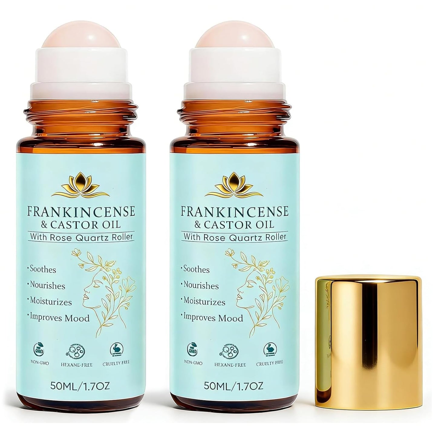 2PCS Frankincense and Castor Oil Roll On with Rose Quartz,Deeply Moisturize