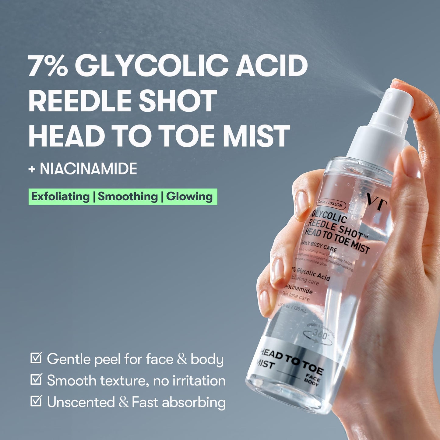VT COSMETICS 7% Glycolic Acid Reedle Shot Head-to-Toe Mist with Niacinamide, Exfoliating Spray for Bumpy & Strawberry Skin, Dark Spots, Skin Texture, Keratosis Pilaris, Korean Skincare (4.05 fl oz)