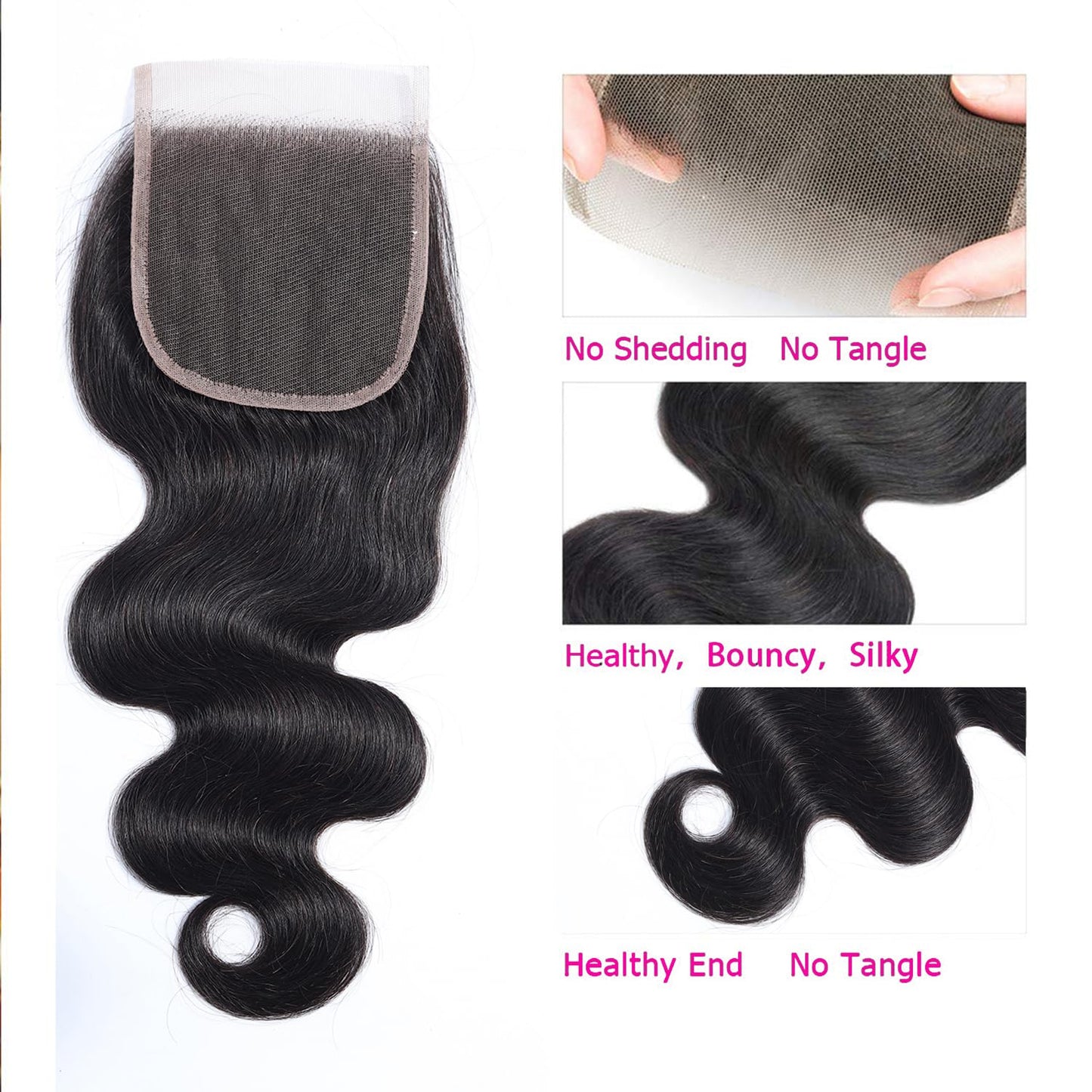 Selina Brazilian Body Wave Hair 3 Bundles With Free Part Closure Brazilian Virgin Human Hair 12A 100% Unprocessed Brazilian Hair Lace Closure Natural Black (10"12"14" with 8" Closure, Body 3+1)