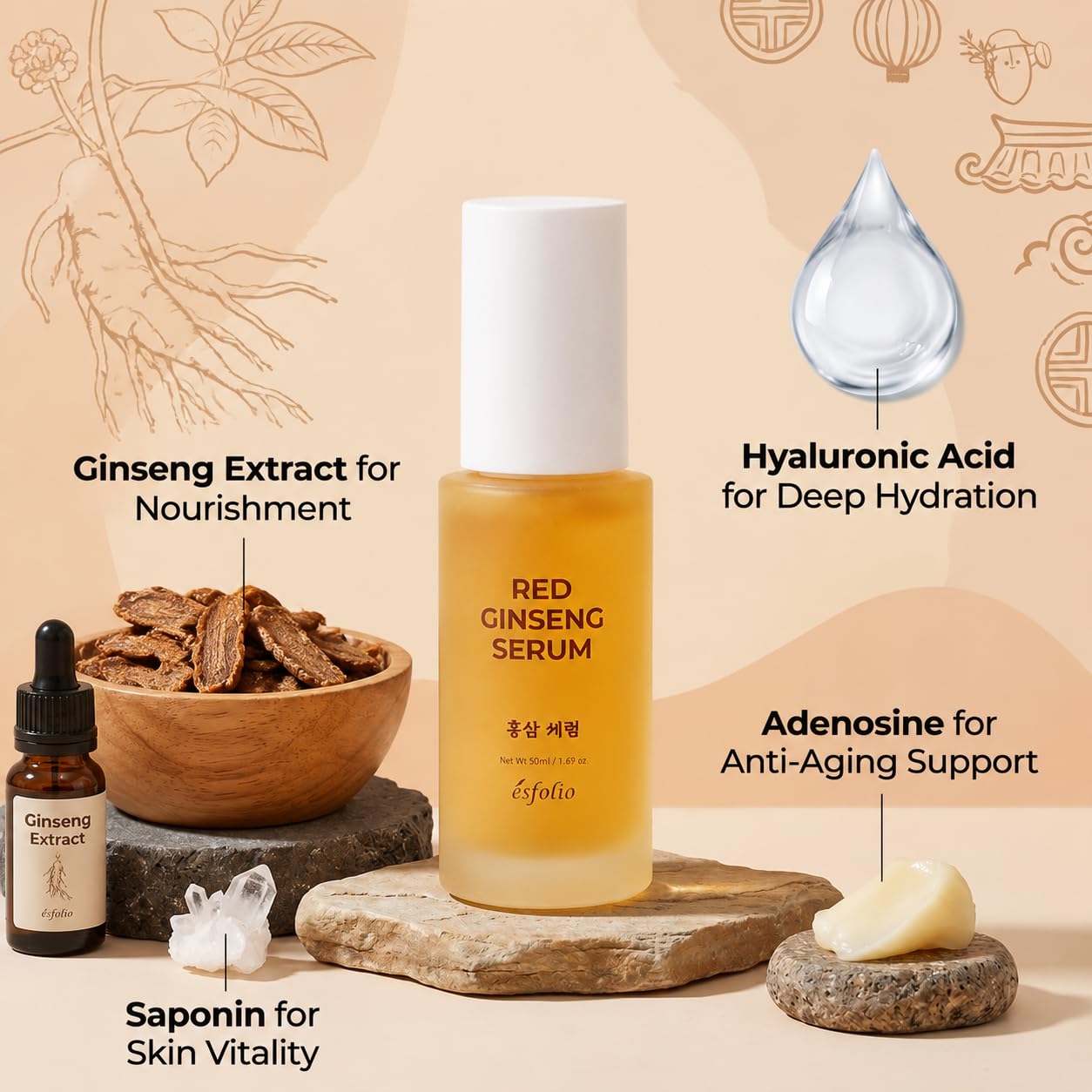 Esfolio made in Korea Red Ginseng Serum 1.69 Fl Oz, Lightweight Facial Serum with Red Ginseng Extract, Fast Absorbing Daily Face Serum for Soft and Refreshed Skin, Korean Skincare