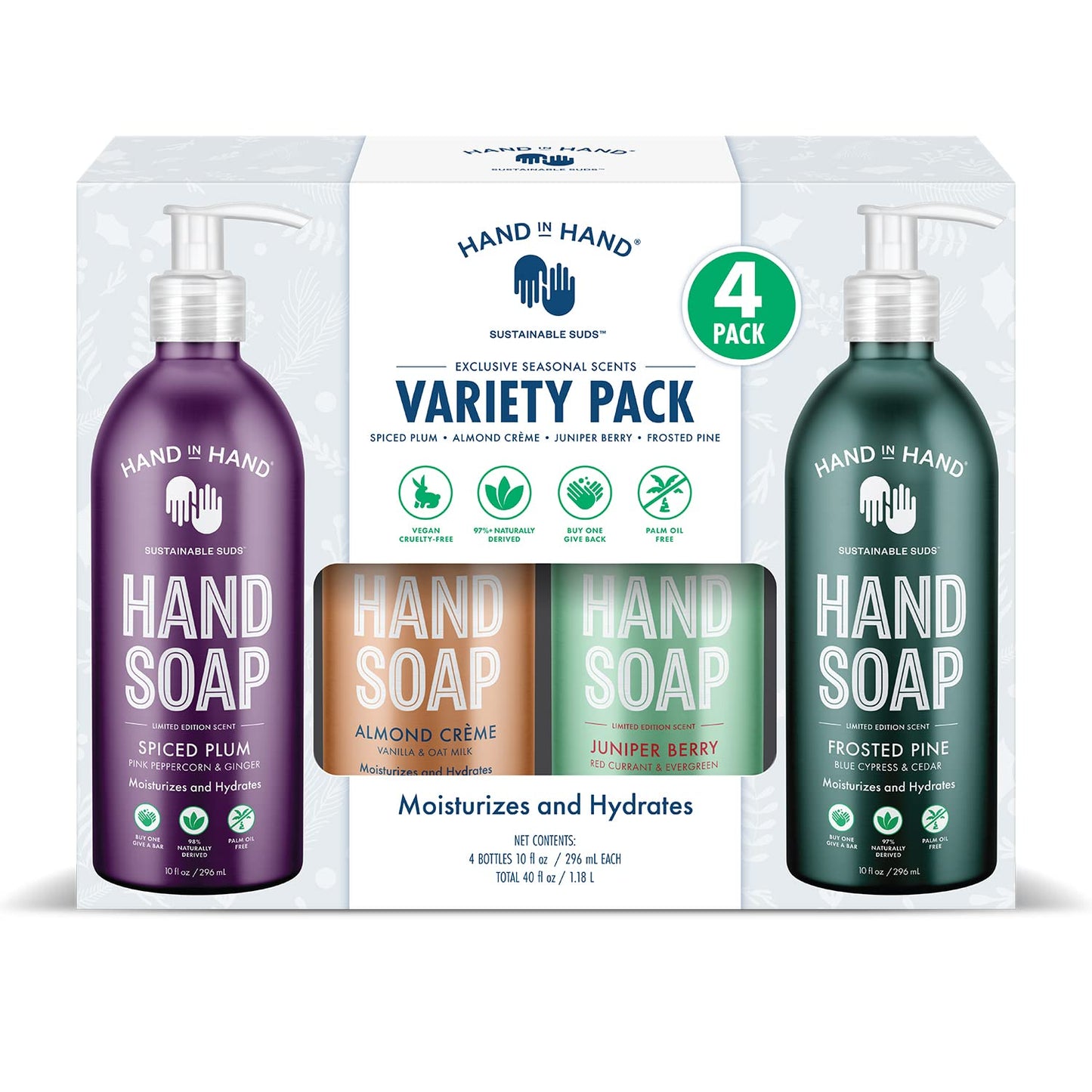 Hand in Hand Holiday Scented Hand Soap Combo Pack, 10 Oz., Juniper Berry, Frosted Pine, Almond Crème, and Spiced Plum, Pack of 4