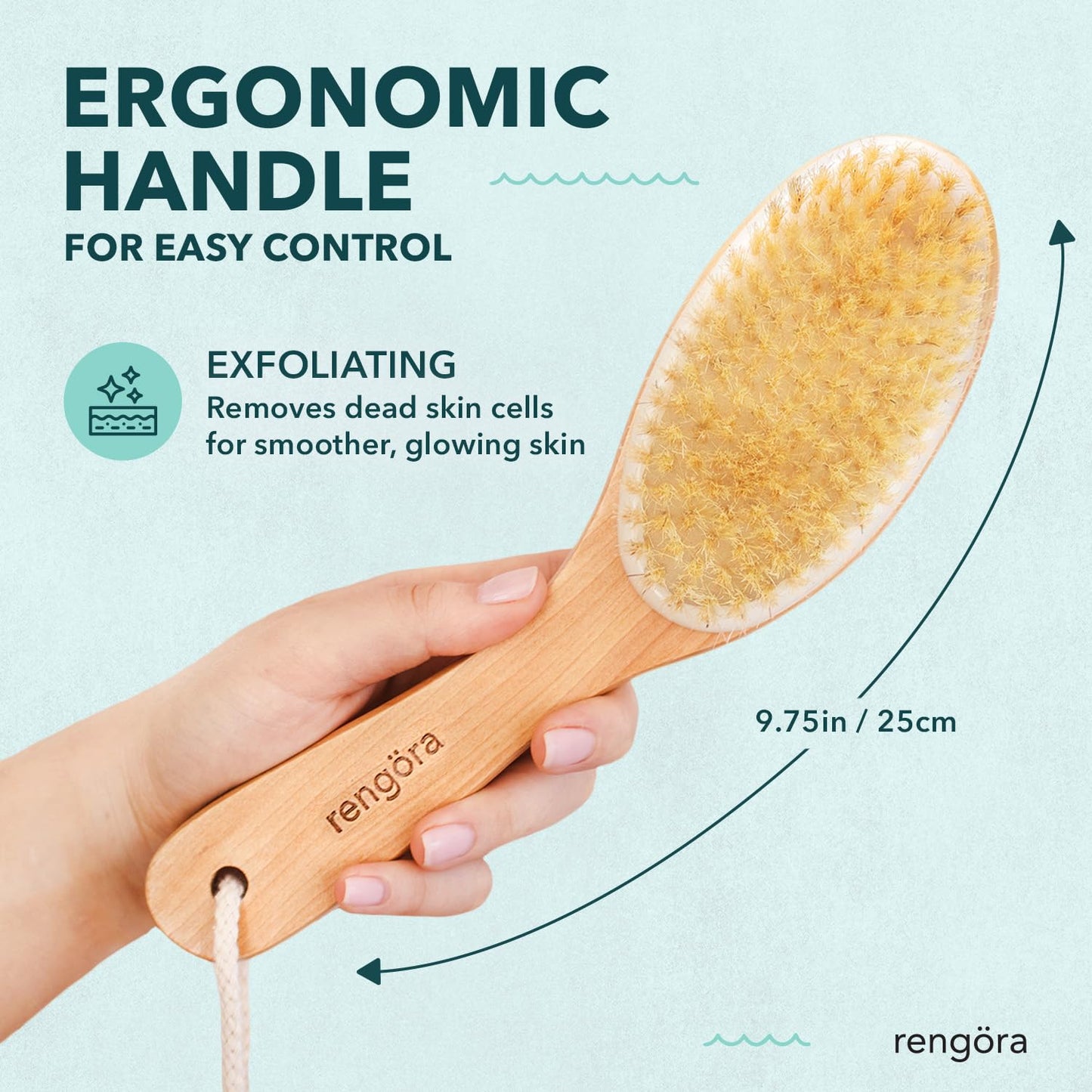 Dry Brushing Body Brush, Body Scrubber Dual-Use for Wet/Dry Exfoliating, Great for Lymphatic Drainage, Natural Boar Bristles, Ergonomic Handle, Makes a Nice Gift by Rengora