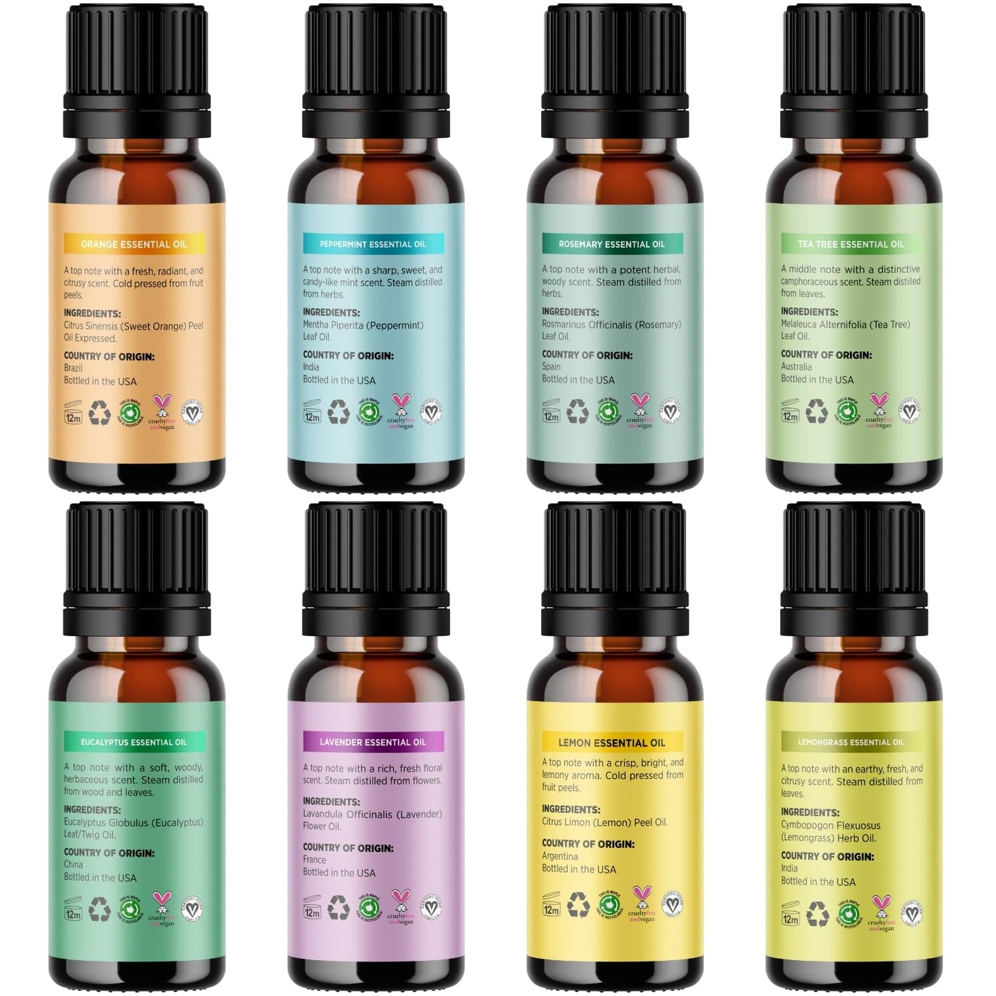 Pure Essential Oil Set for Diffuser - Aromatherapy Essential Oils for Diffusers for Home Travel and Self Care with High Grade Essential Oils for Hair Skin and Nails - Oil Diffuser Essential Oils Set