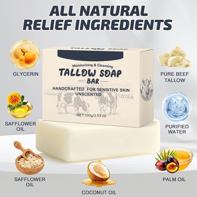 Beef Tallow Soap Bar - All-Natural Organic Moisturizing Soap for Dry, Sensitive Skin | Handmade Bath Soap - 1 Pack