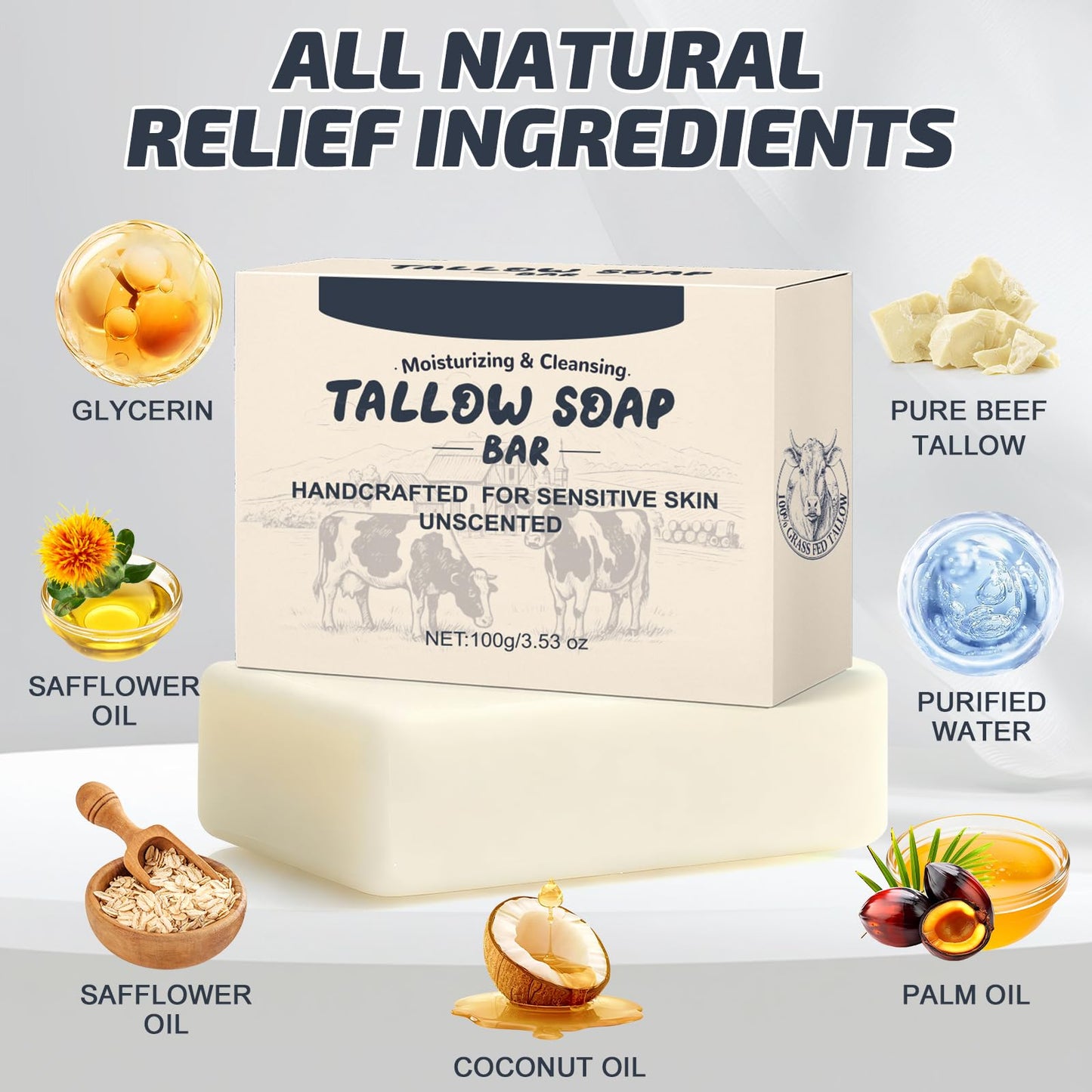 Viugex Beef Tallow Soap Bar, All Natural and Organic Grass Fed Tallow Soap, Moisturizing Face & Body Wash for Dry, Itchy, Sensitive Skin, Deep Cleansing Handmade Bath Soap for Adults, Kids - 1 Pack