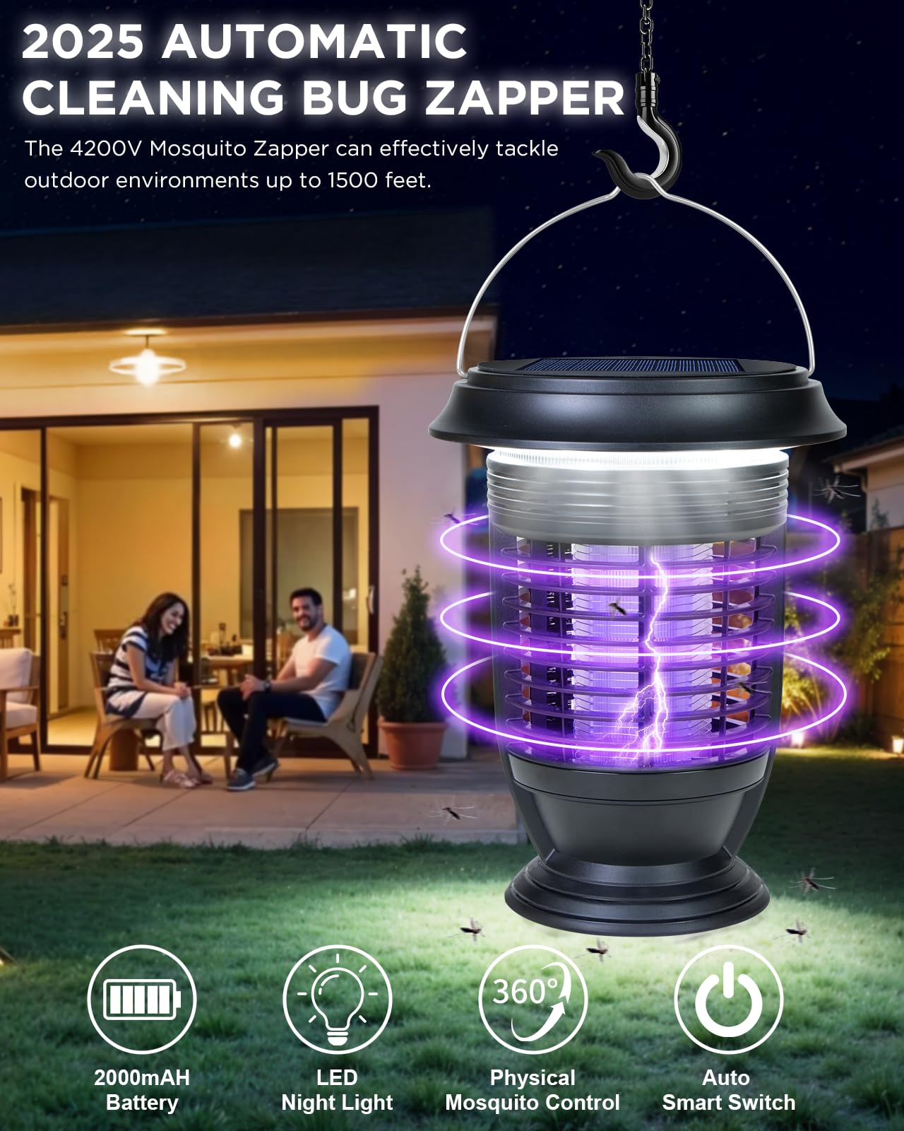 Xuoity Solar Bug Zapper Outdoor Indoor Waterproof, 2 in 1 Mosquito Killer with LED Light, Rechargeable Cordless Fly Zapper with Panel Sensor, Electric Camping Light for Patio, Backyard, Garden