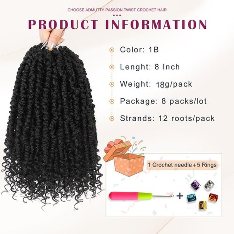 Passion Twist Crochet Hair,Passion Twist Hair 8 Inch,8 Packs Pre-twisted Passion Twist Hair,Short Passion Twist Crochet Braids,Pre Looped Crochet Hair for Black Women(1B)