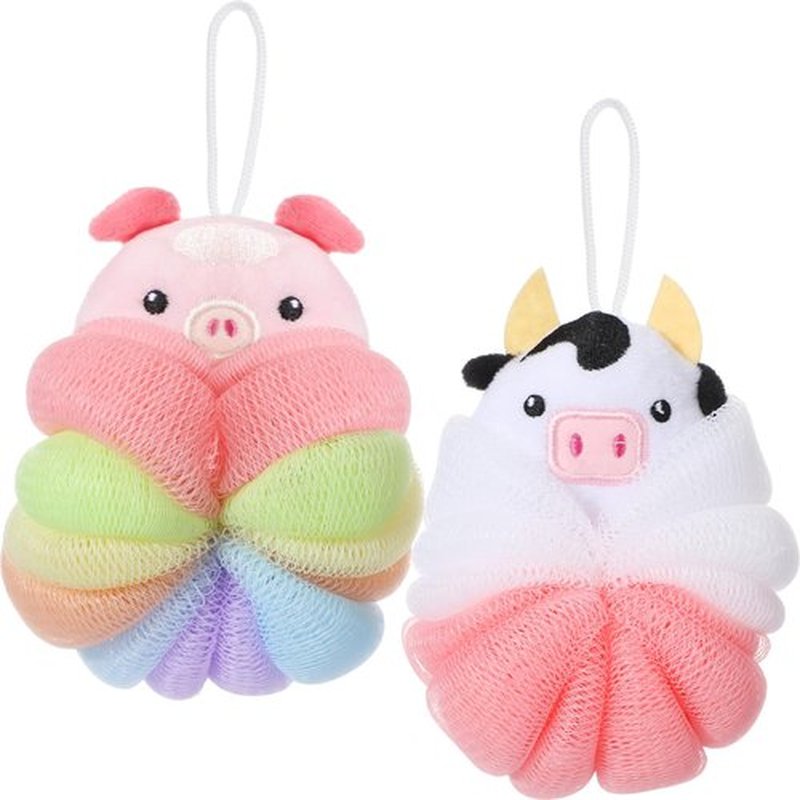 Nuenen 2 Pcs Bath Loofahs Kids Toddler Body Loofahs Cute Cartoon Kids Loofah Kid Bath Sponges Loofah Bath Pouf Body Scrubber Mesh Loofah Sponges for Children Shower Washing (Calf, Pig)