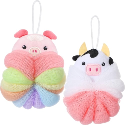 Nuenen 2 Pcs Bath Loofahs Kids Toddler Body Loofahs Cute Cartoon Kids Loofah Kid Bath Sponges Loofah Bath Pouf Body Scrubber Mesh Loofah Sponges for Children Shower Washing (Calf, Pig)