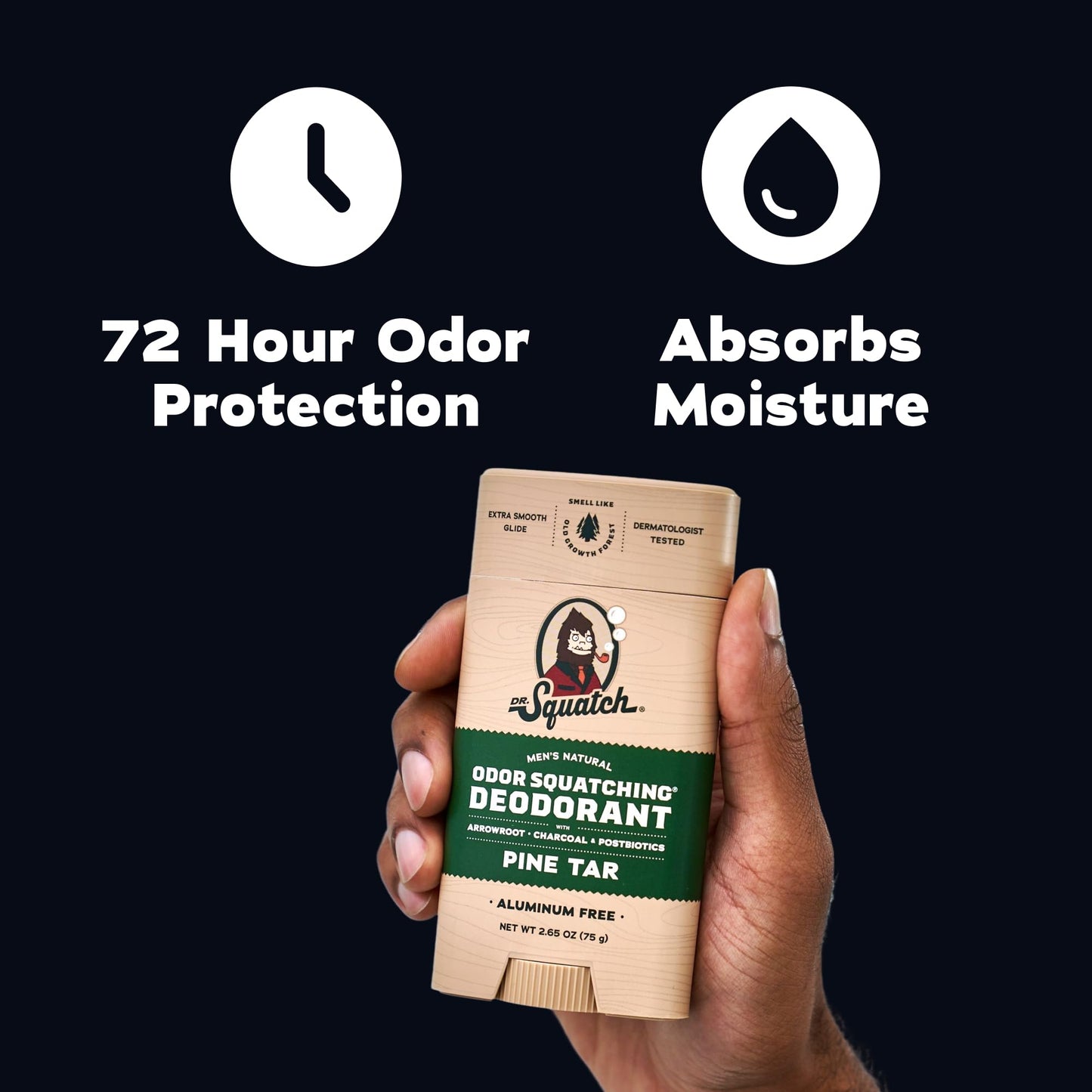 Dr. Squatch Natural Men’s Deodorant – Aluminum Free Natural Deodorant Men with Charcoal & Postbiotics for 72-Hour Odor Protection – Pine Tar, 2.65oz Stick