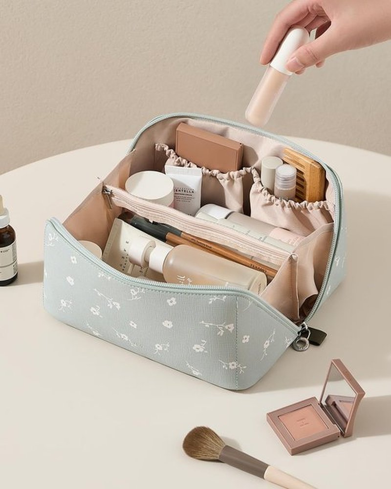 EACHY Travel Makeup Bag,Large Capacity Cosmetic Bags for Women,Waterproof Portable Pouch Open Flat Toiletry Bag Pattern Makeup Bag (C-Green)