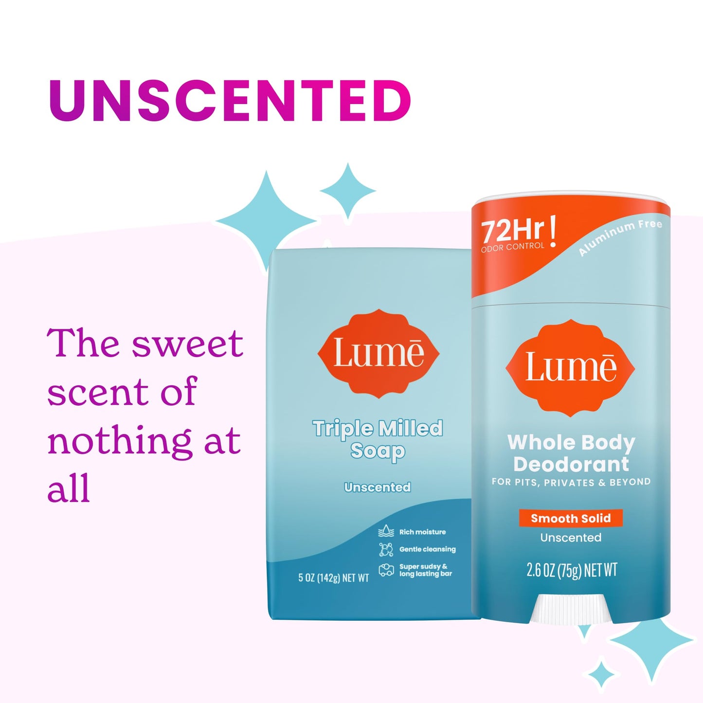 Lume Whole Body Deodorant And Soap - 2.6 Ounce Smooth Solid Stick With 72 Hour Odor Control and 5 Ounce Triple Milled Soap - Aluminum Free, Baking Soda Free and Skin Loving (Unscented)