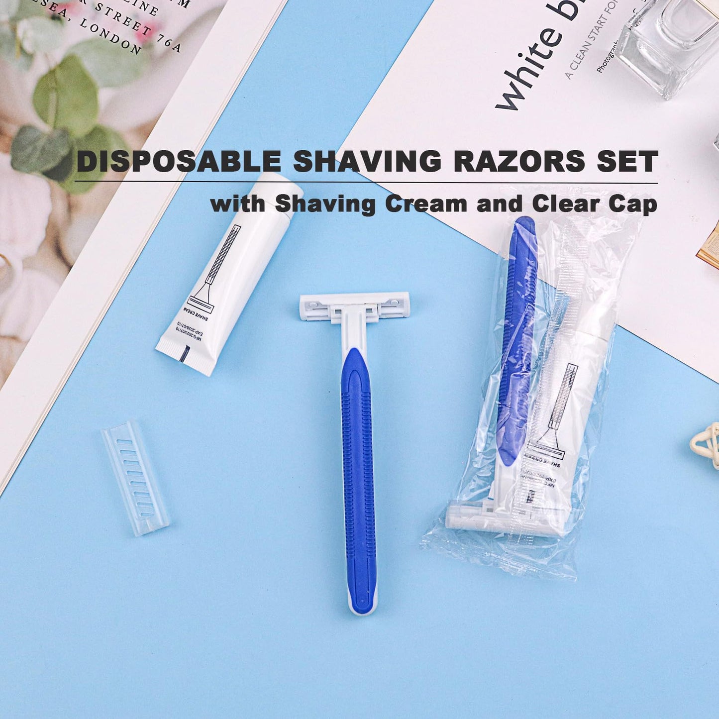 Disposable Razors in Bulk Pack of 30,Blue Disposable Shaving Razors Individual Wrapped Twin Blade Bulk Disposable Razors with Clear Cap and 10g Shaving Cream for Homeless,Hotel,Travel,Charity,Shelter