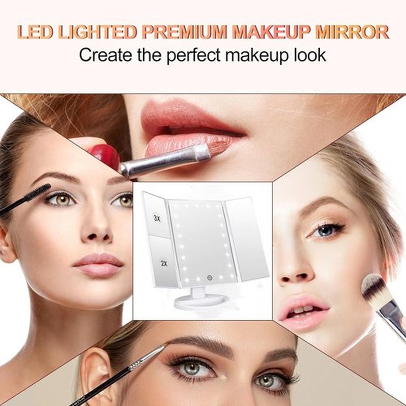 Flymiro Tri-fold Lighted Vanity Makeup Mirror with 3x/2x/1x Magnification, 21 LLED Light and Touch Screen,Dual Power Supply, Portable LED Makeup Mirror, Travel,Women Gift (White)