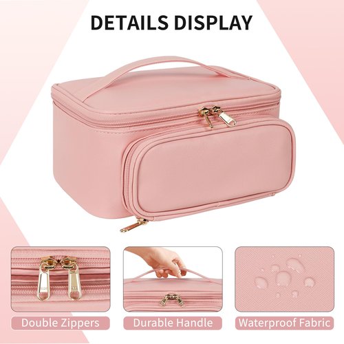 OCHEAL Makeup Bag, Multifunctional Make Up Bags Large Compact Makeup Bag Organizer Cosmetics Toiletry Brushes Storage Case for Women Girls Makeup Case with Handle Divider-Pink