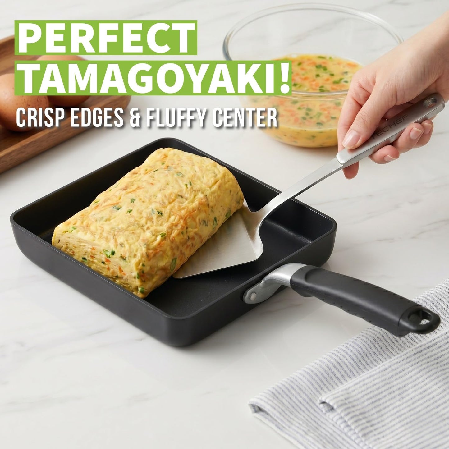 TECHEF - Tamagoyaki Japanese Omelette Pan/Egg Pan Skillet, PFOA-Free, Dishwasher Safe, Induction-Ready, Made in Korea (Black/Large)