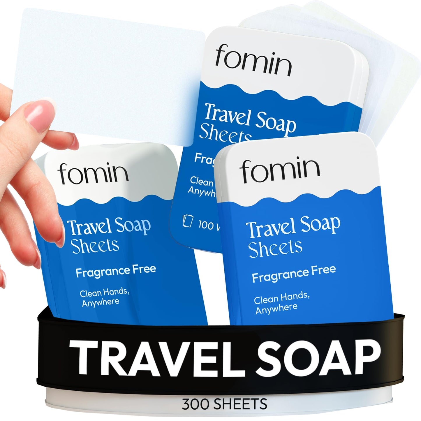 FOMIN - Paper Soap Sheets for Traveling - 300 Unscented Portable Hand Soap Sheets for Travel in Tin - Dissolvable Mini Portable Travel Soap Sheet for Hand Washing, Camping and Hiking